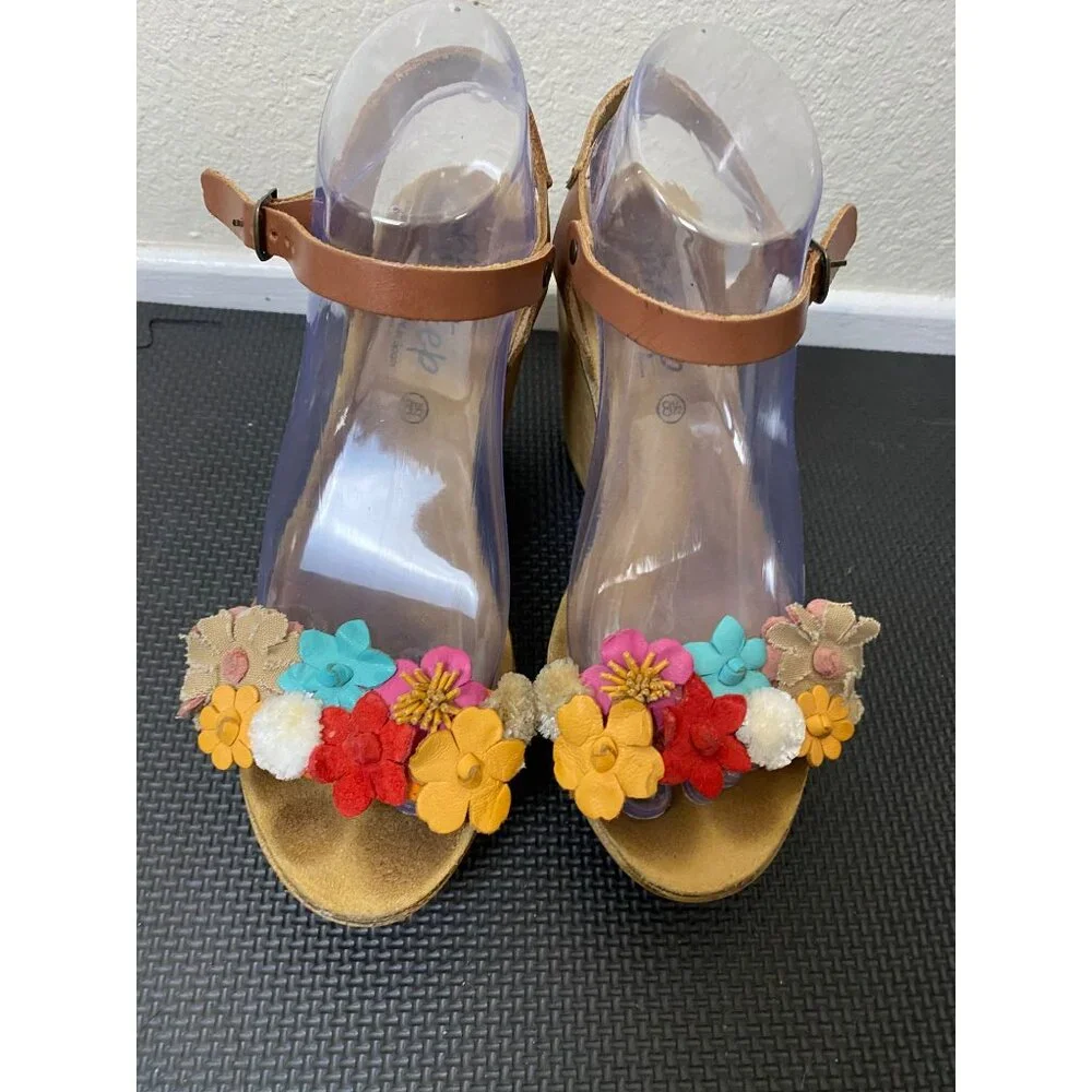 Bios Step Leather Fabric Flower‎ Wedge Sandals Brown Size 8.5 Whimsical Feminine